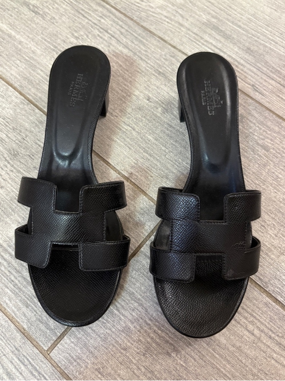 Hermes Black Leather 'Oran' Slide Mules